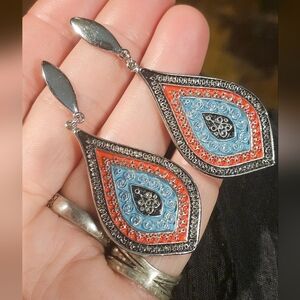 handmade Turkmen tribal jewelry featuring teardrop shapes, red coral inlay